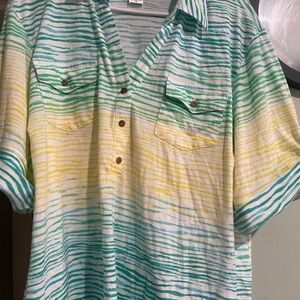 Women's Striped Green and Yellow Button Down Shirt
